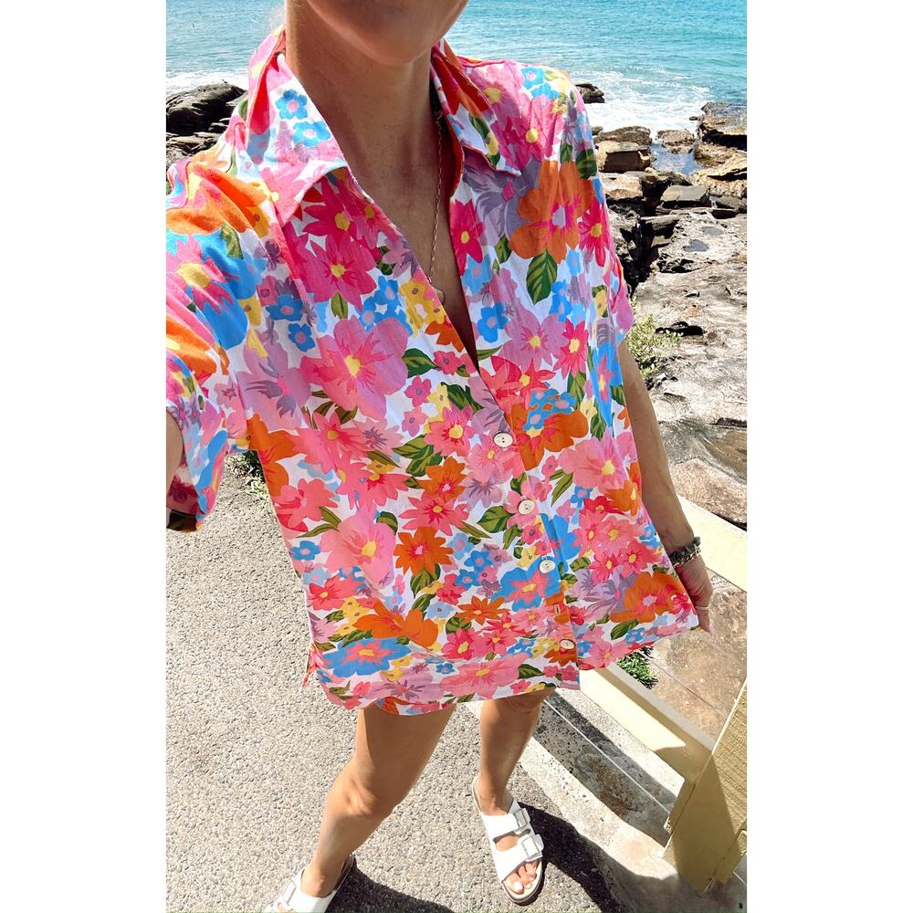 Show Me Your MuMu Parker Button Down Barbie Linen | Pink Orange‎ Floral | SZ M - Picture 13 of 13